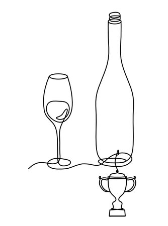 Drawing line bottle of champagne or wine with trophy on the white backgroundのイラスト素材