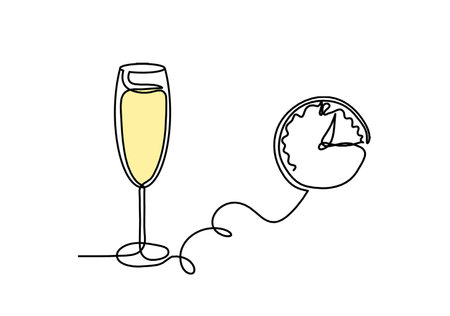 Drawing line color wineglass with clock on the white backgroundの写真素材