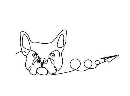 Silhouette of abstract bulldog with paper plane as line drawing on white backgroundのイラスト素材