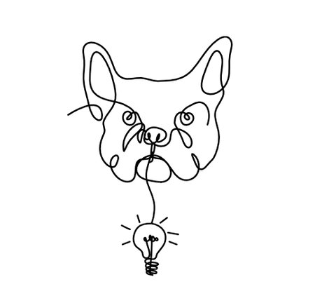 Silhouette of abstract bulldog with light bulb as line drawing on white backgroundのイラスト素材