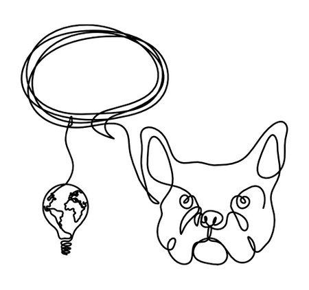 Silhouette of abstract bulldog with light bulb as line drawing on white backgroundのイラスト素材