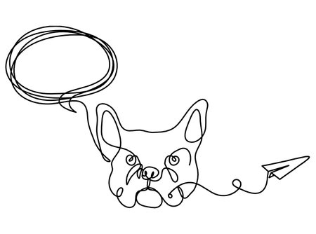Silhouette of abstract bulldog with paper plane as line drawing on white backgroundのイラスト素材