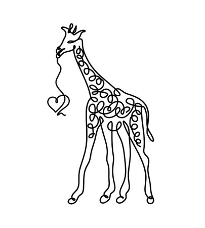 Silhouette of abstract giraffe with heart as line drawing on whiteのイラスト素材