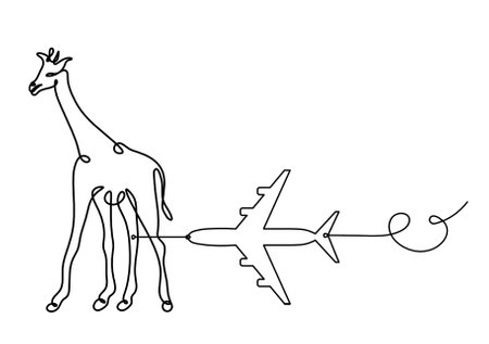 Silhouette of abstract giraffe with plane as line drawing on whiteのイラスト素材