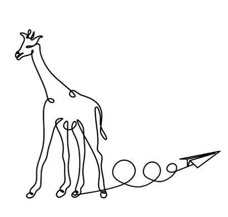 Silhouette of abstract giraffe with paper plane as line drawing on whiteのイラスト素材