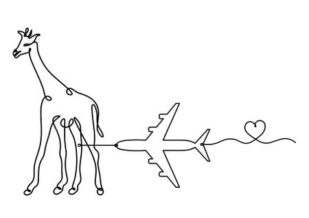 Silhouette of abstract giraffe with plane as line drawing on whiteのイラスト素材