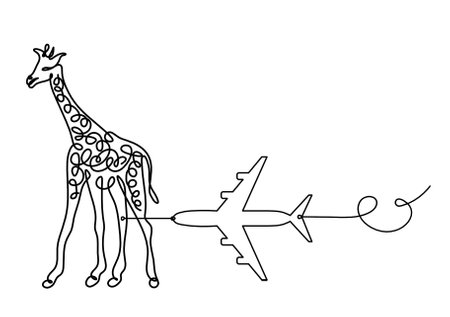 Silhouette of abstract giraffe with plane as line drawing on whiteのイラスト素材