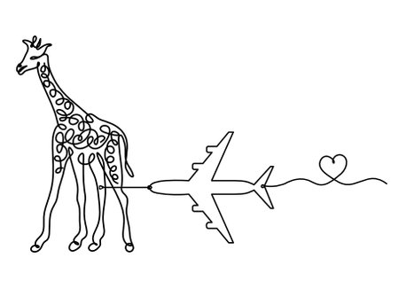 Silhouette of abstract giraffe with plane as line drawing on whiteのイラスト素材