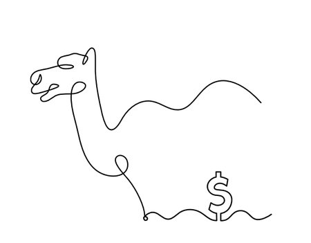 Silhouette of abstract camel with dollar as line drawing on whiteのイラスト素材