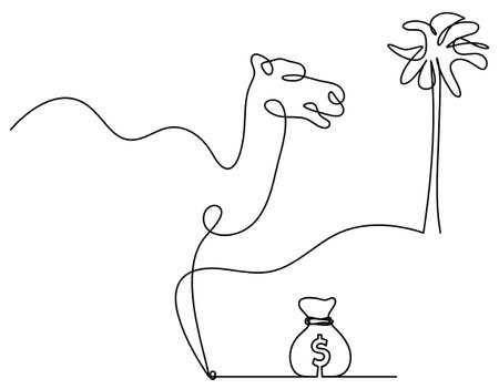Silhouette of abstract camel with dollar as line drawing on whiteのイラスト素材