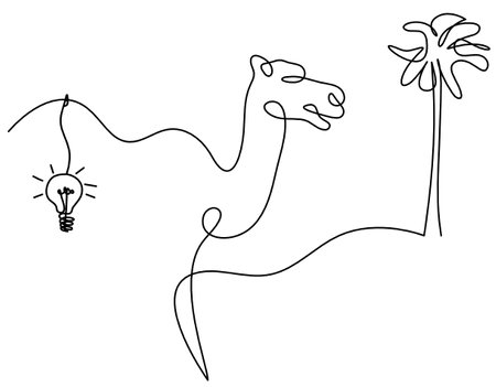 Silhouette of abstract camel with light bulb as line drawing on whiteのイラスト素材