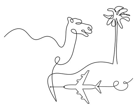 Silhouette of abstract camel with plane as line drawing on whiteのイラスト素材