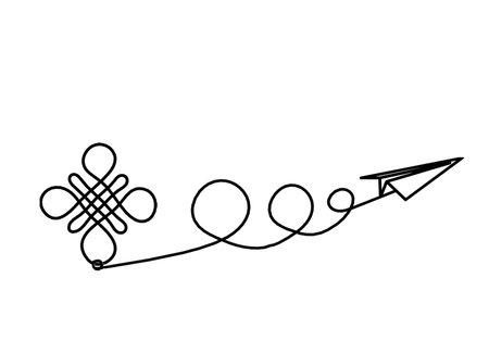 Sign of endless auspicious knot with paper plane as line drawing on the white backgroundのイラスト素材