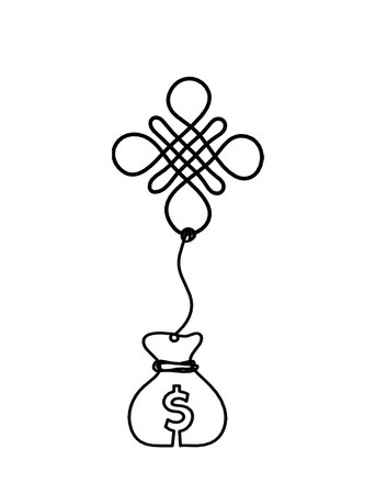 Sign of endless auspicious knot with dollar as line drawing on the white backgroundのイラスト素材