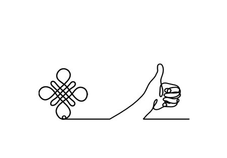 Sign of endless auspicious knot with hand as line drawing on the white backgroundのイラスト素材
