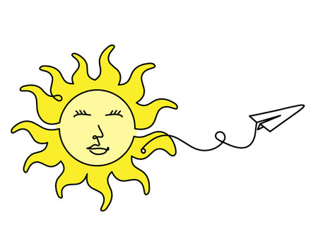Abstract color sun-face with paper plane as line drawing on white backgroundの写真素材