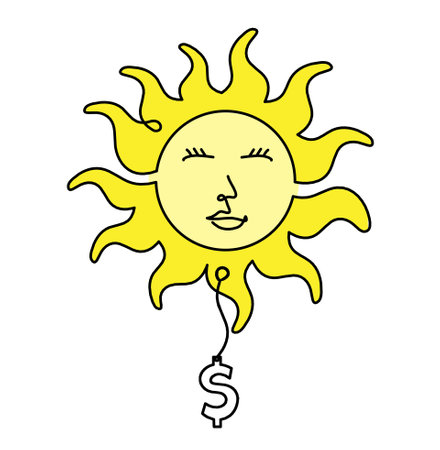 Abstract color sun-face with dollar as line drawing on white backgroundの写真素材