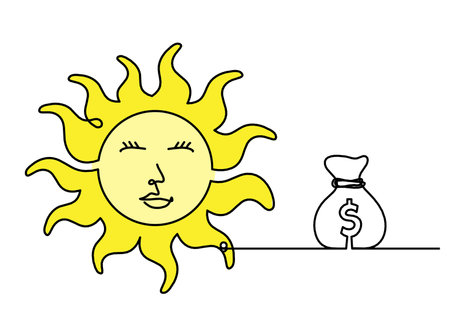 Abstract color sun-face with dollar as line drawing on white backgroundの写真素材