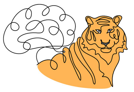 Silhouette of abstract color tiger with brain as line drawing on whiteの写真素材