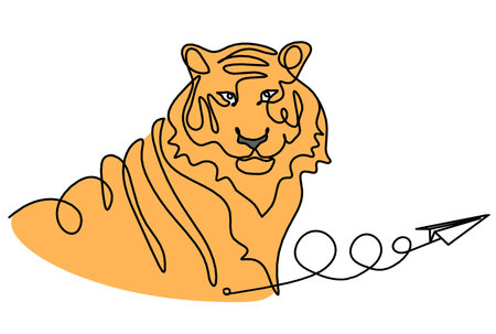 Silhouette of abstract color tiger with paper plane as line drawing on whiteの写真素材