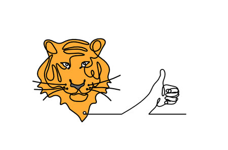 Silhouette of abstract color tiger with hand as line drawing on whiteの写真素材