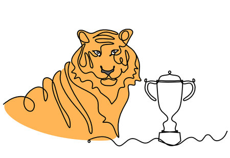 Silhouette of abstract color tiger with trophy as line drawing on whiteの写真素材