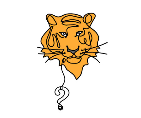 Silhouette of abstract color tiger with question mark as line drawing on whiteの写真素材