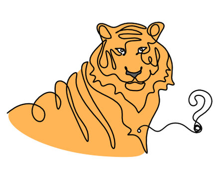 Silhouette of abstract color tiger with question mark as line drawing on whiteの写真素材