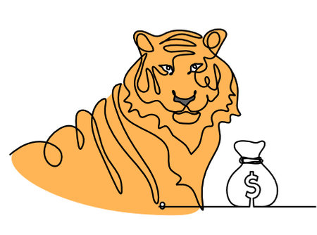 Silhouette of abstract color tiger with dollar as line drawing on whiteの写真素材