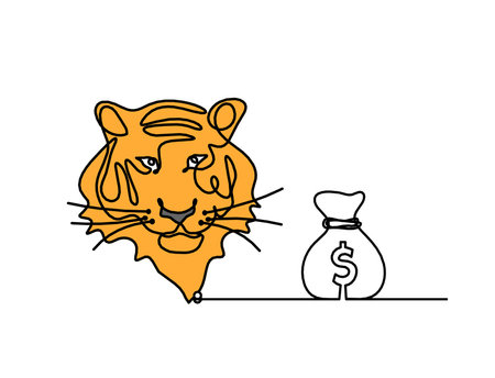 Silhouette of abstract color tiger with dollar as line drawing on whiteの写真素材