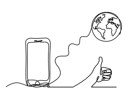Abstract mobile and hand as line drawing on white backgroundのイラスト素材