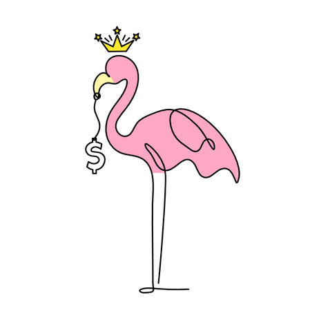Silhouette of abstract  color flamingo with dollar as line drawing on white backgroundの写真素材