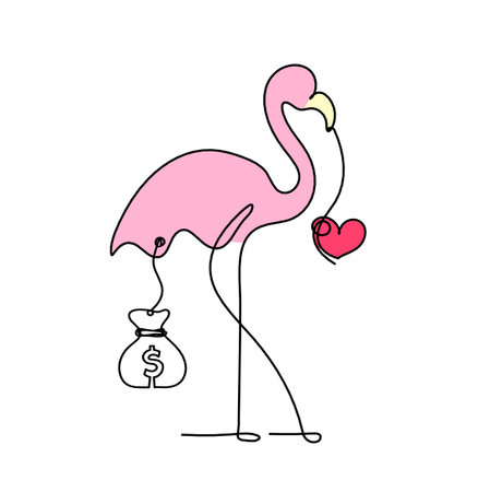 Silhouette of abstract  color flamingo with dollar as line drawing on white backgroundの写真素材