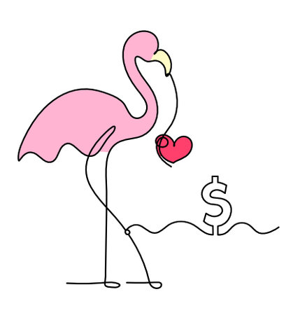 Silhouette of abstract  color flamingo with dollar as line drawing on white backgroundの写真素材