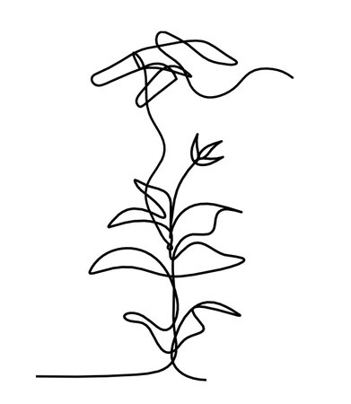 Abstract sprout with hand as line drawing on the white backgroundのイラスト素材