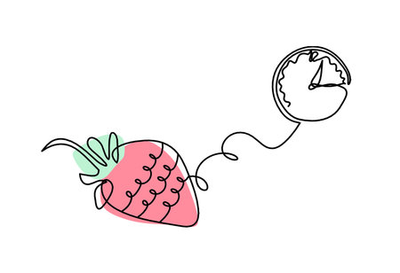 Drawing line of color strawberry and clock on the white backgroundの写真素材