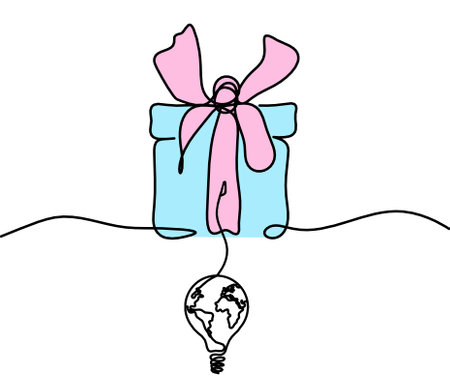 Abstract color present box and light bulb as continuous line drawing on white backgroundの写真素材