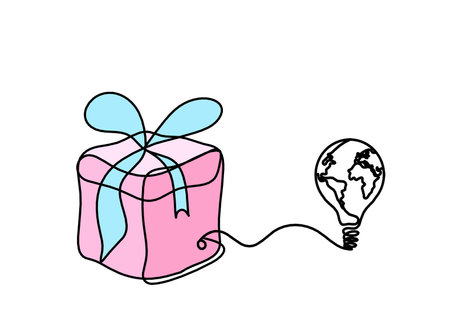 Abstract color present box and light bulb as continuous line drawing on white backgroundの写真素材