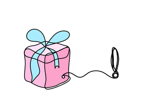 Abstract color present box and exclamation mark as continuous line drawing on white backgroundの写真素材