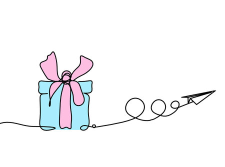 Abstract color present box and paper plane as continuous line drawing on white backgroundの写真素材