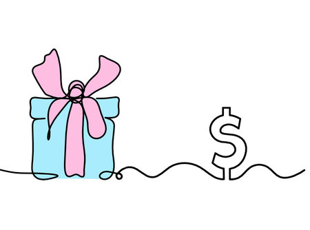 Abstract color present box and dollar as continuous line drawing on white backgroundの写真素材