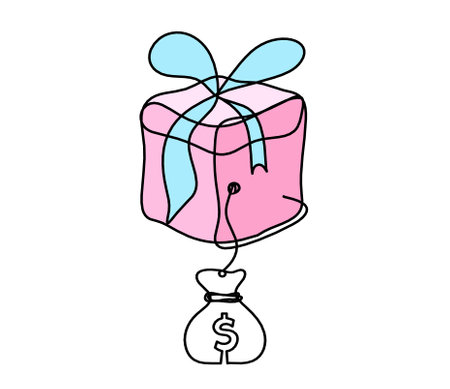 Abstract color present box and dollar as continuous line drawing on white backgroundの写真素材