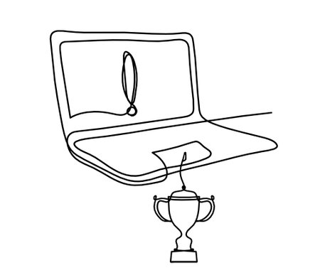 Abstract laptop and trophy as line drawing on white backgroundのイラスト素材