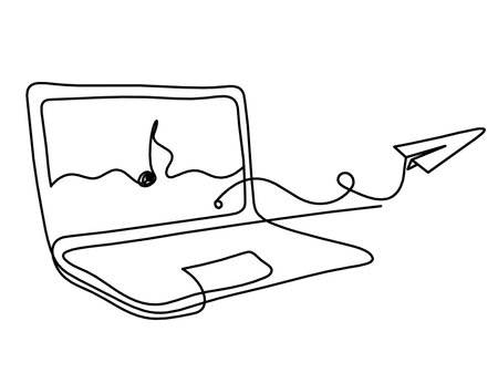 Abstract laptop and paper plane as line drawing on white backgroundのイラスト素材