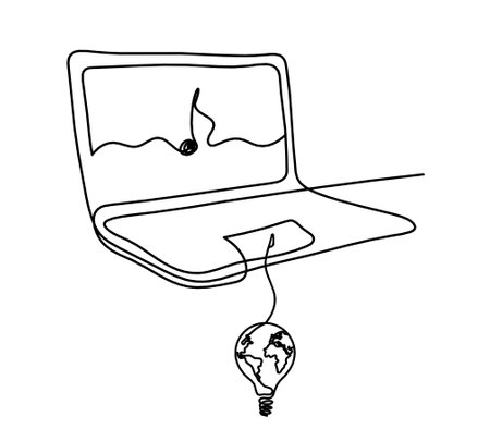 Abstract laptop and light bulb as line drawing on white backgroundのイラスト素材