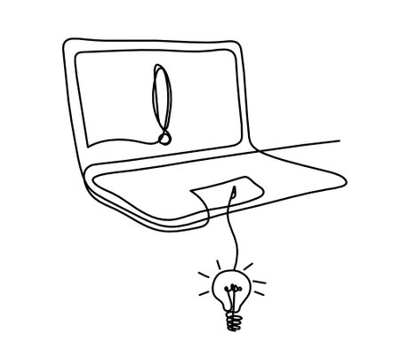 Abstract laptop and light bulb as line drawing on white backgroundのイラスト素材