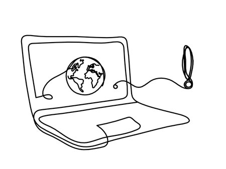 Abstract laptop and exclamation mark as line drawing on white backgroundのイラスト素材