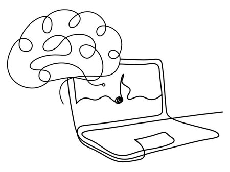 Abstract laptop and brain as line drawing on white backgroundのイラスト素材