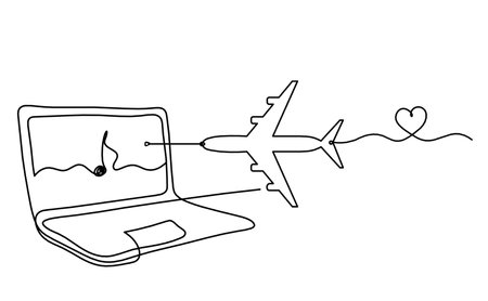Abstract laptop and plane as line drawing on white backgroundのイラスト素材
