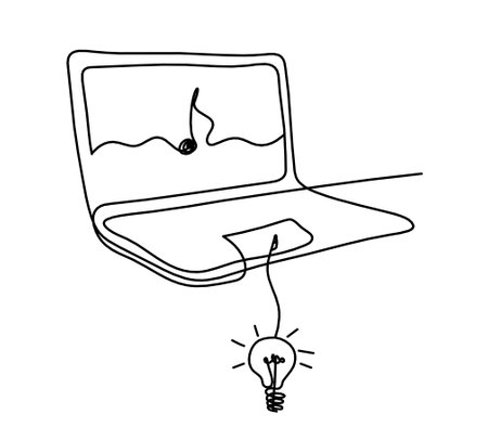 Abstract laptop and light bulb as line drawing on white backgroundのイラスト素材